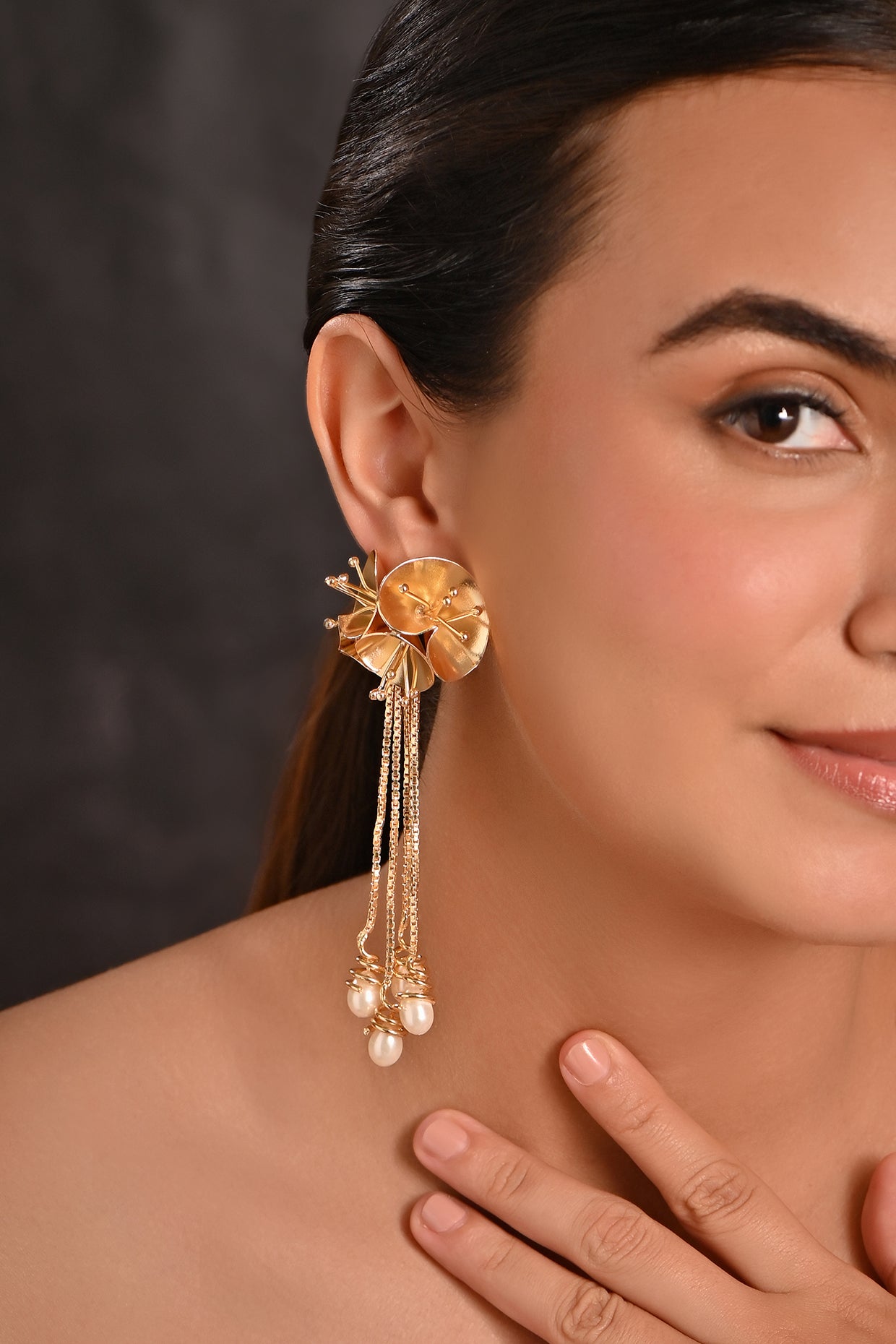 3D Floral Pearl Dangler Earrings